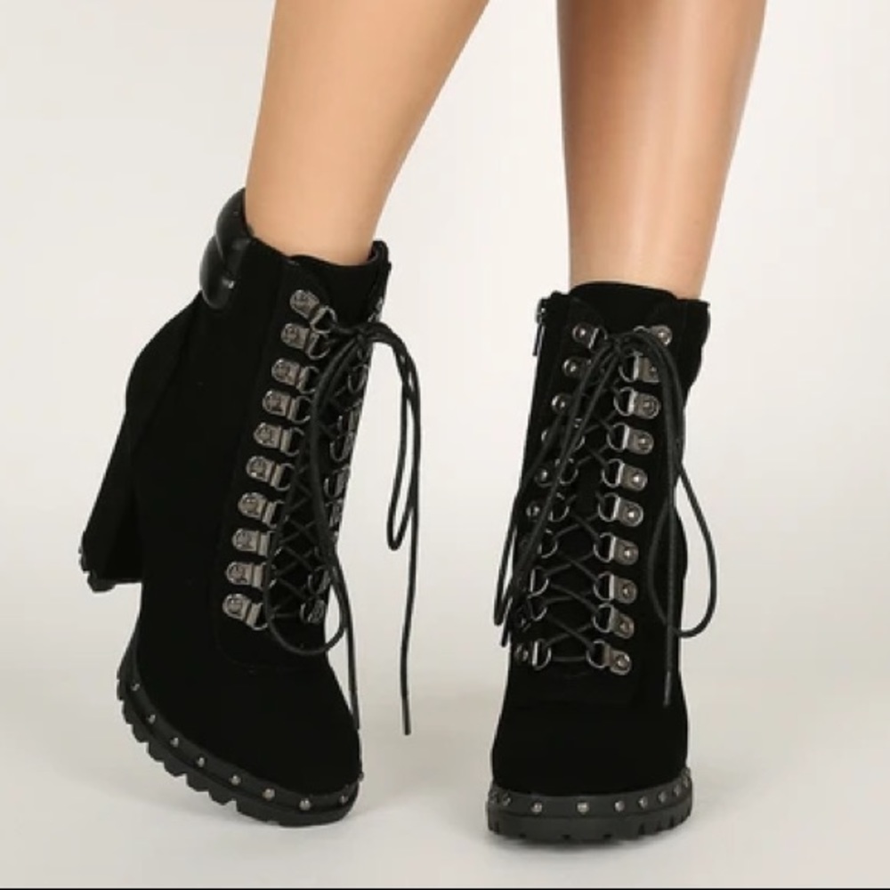 Studded Lace Up Side Zip Chunky Heel Ankle Booties